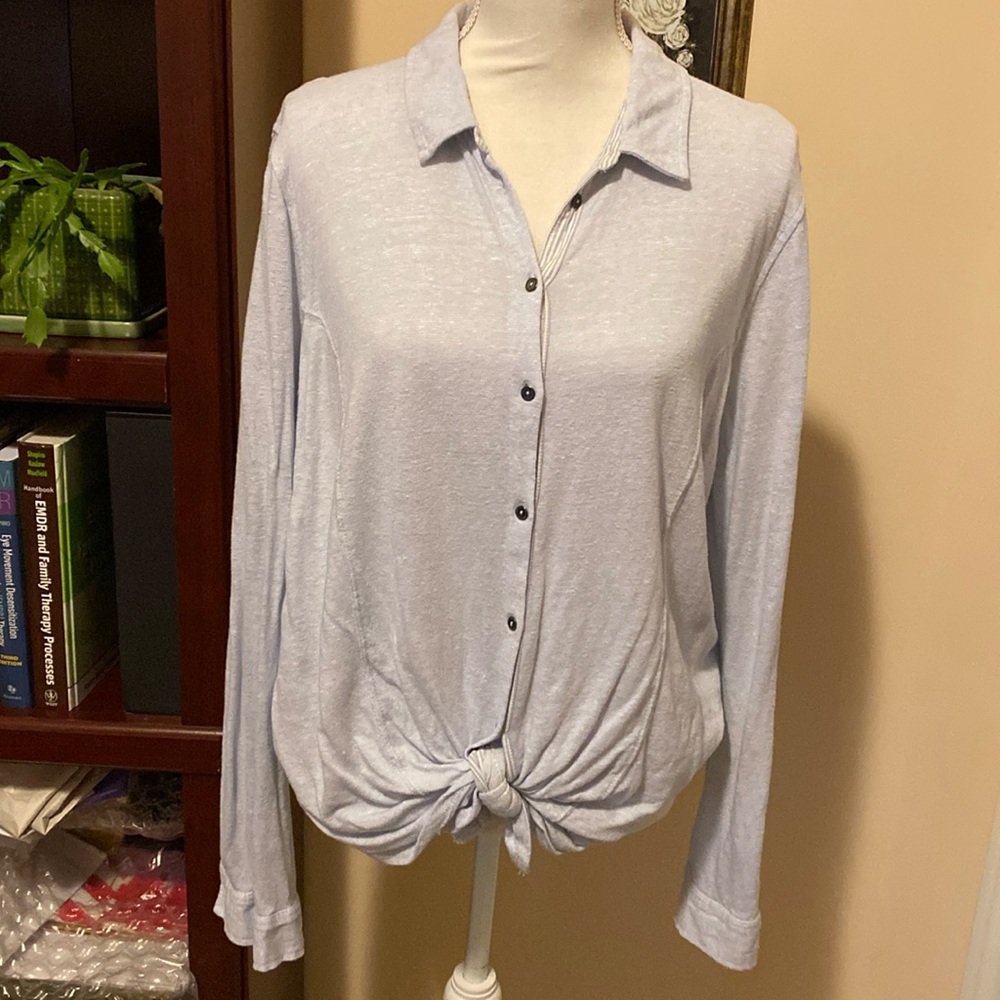 Maeve Anthropologie Button Down Tie Waist Hi Lo Slub Knit Shirt